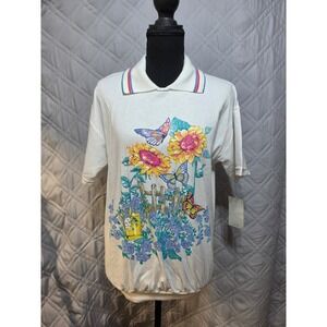 Vintage Act III Womens White Floral Butterfly Polo Shirt Banded Hem USA S